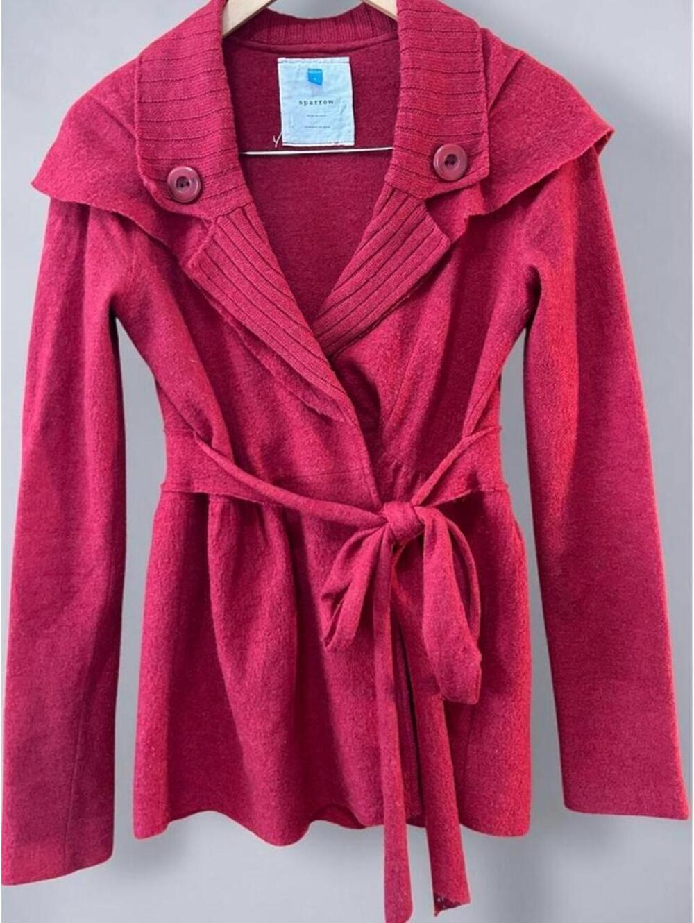 Vintage Anthropologie Sparrow red Boiled Wool Tie-Waist Cardigan Sweater Small